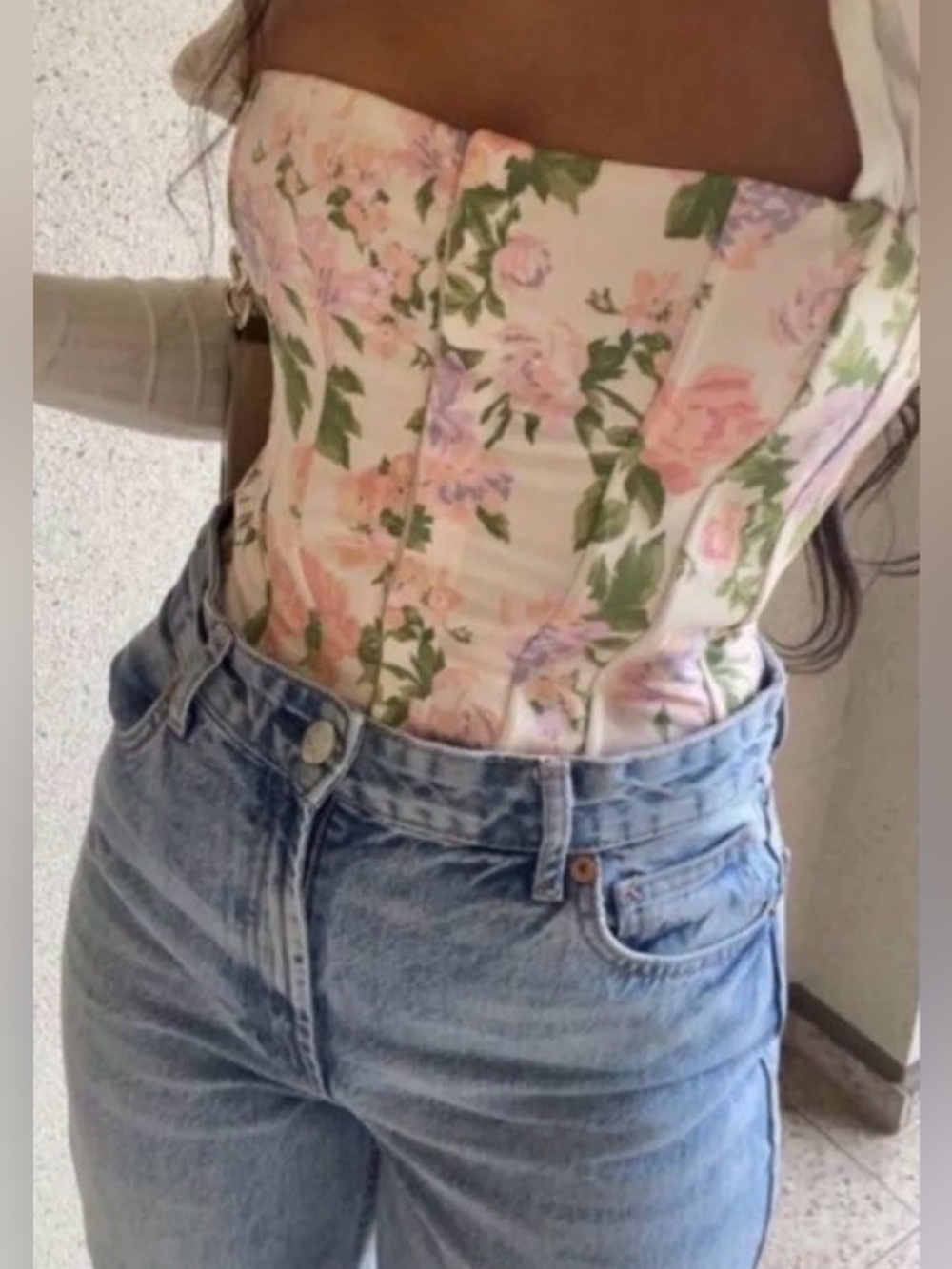 Zara Floral Corset Bustier Top - Pink & Green - Size Small